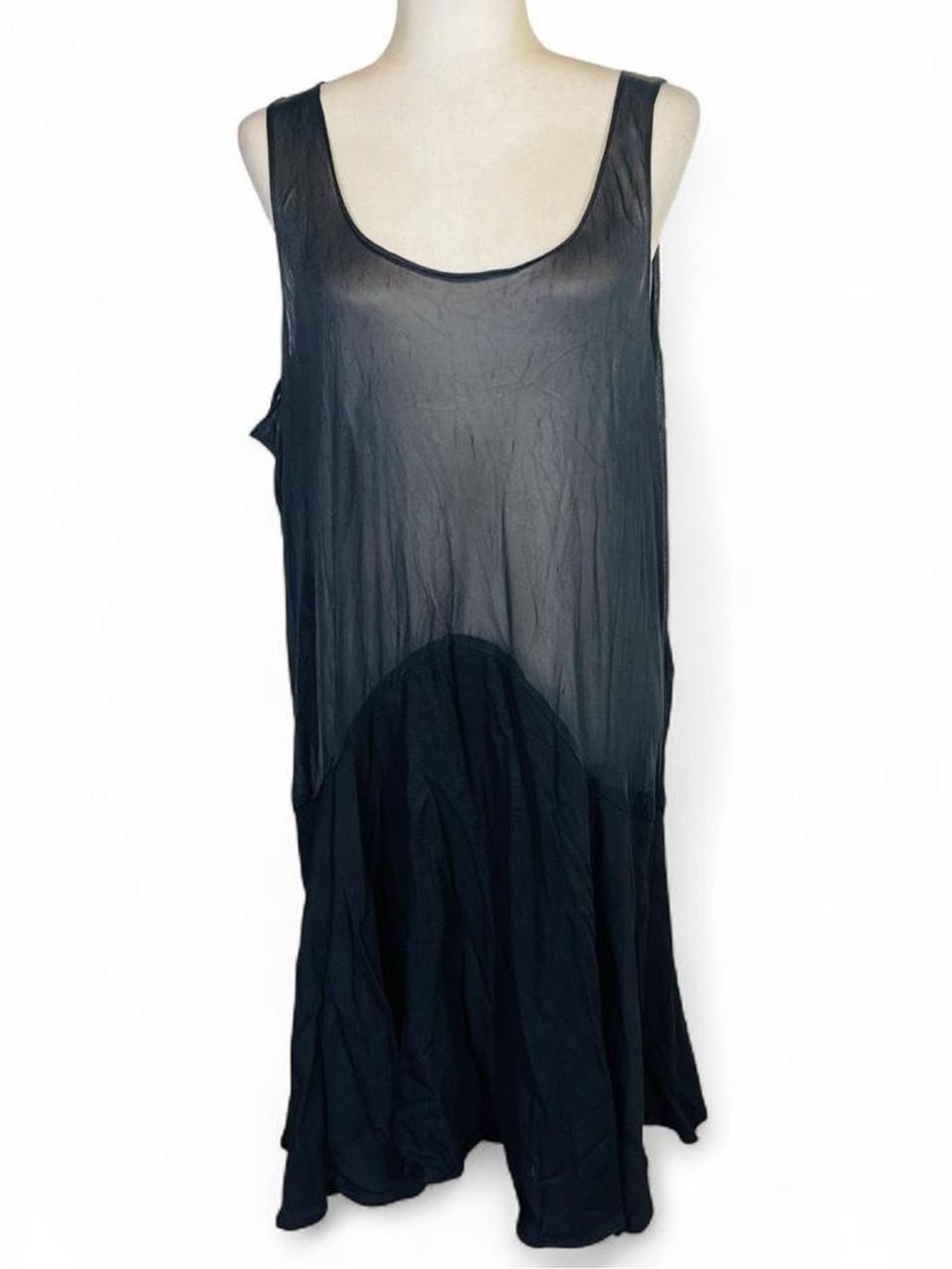 Vintage 70s 80s Size 14 WP Black Slip Dress Sheer Top Solid Skirt Sleeveless